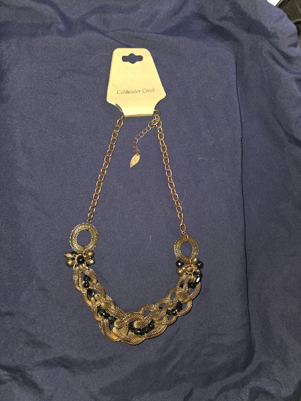 Coldwater Creek Chunky Braided Mesh Chain Antiqued Gold Black Beads Necklace NWT