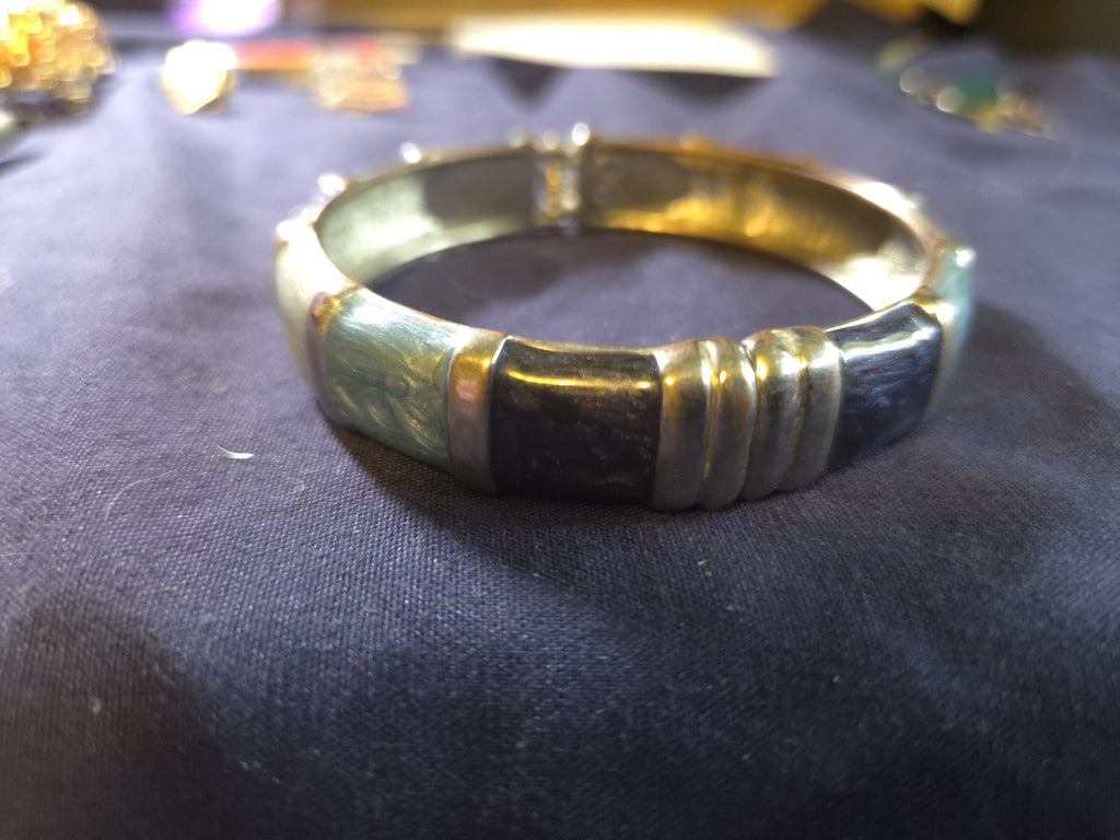 Silver Toned Hinge Bracelet With Blue And Grey Enamel Stones