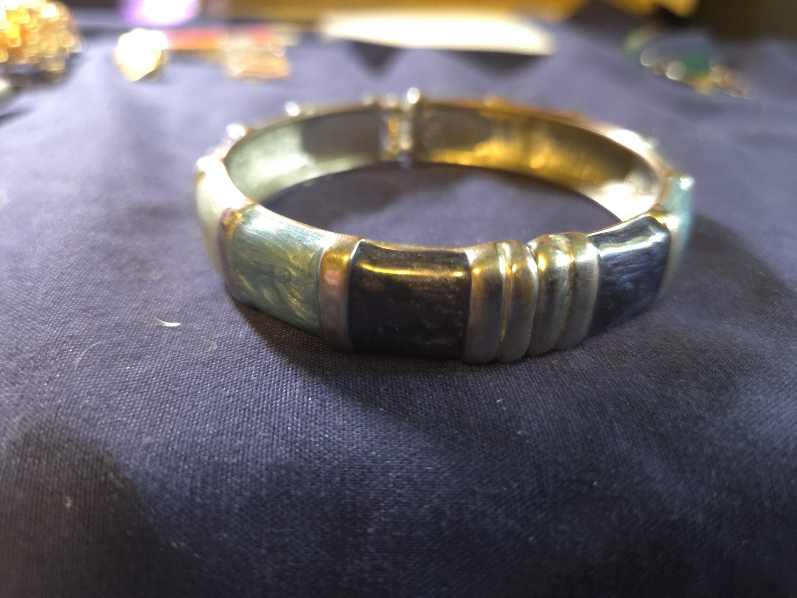 Silver Toned Hinge Bracelet With Blue And Grey Enamel Stones