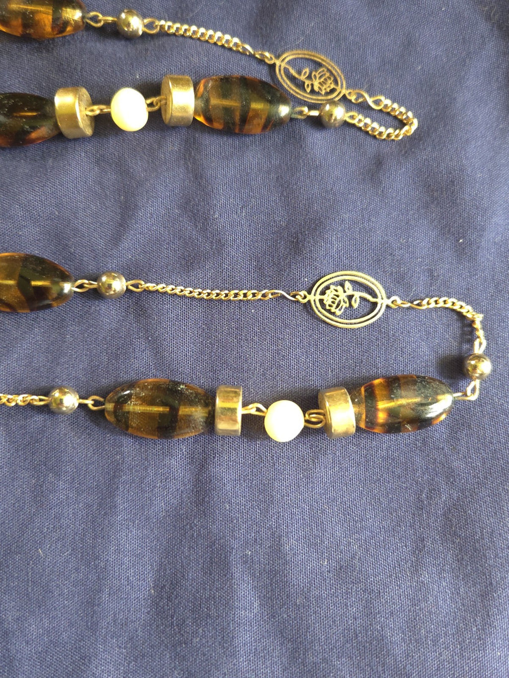 Vintage Estate Jewelry - 1970s Long Station Necklace - Beads And Flower Pendants