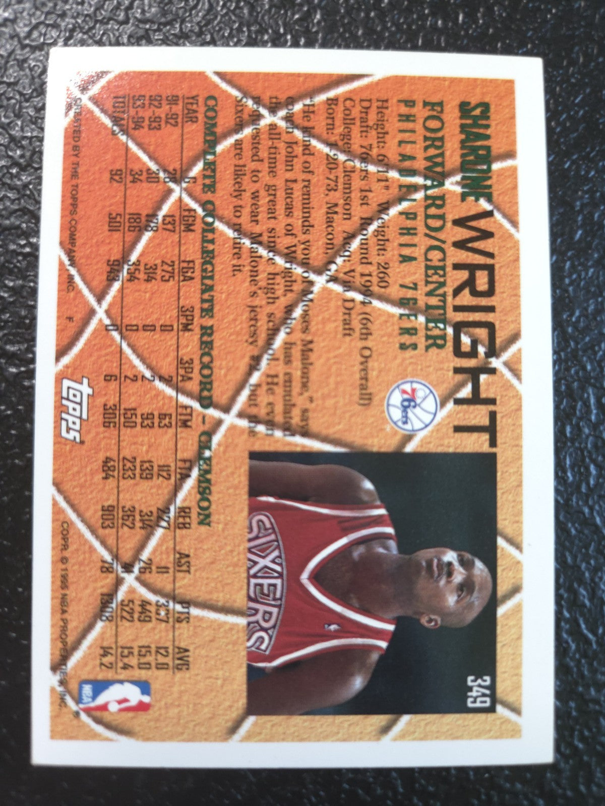 NBA - 1994-95 Topps - Sharone Wright - #349 - RC - Philadelphia 76ers - EX
