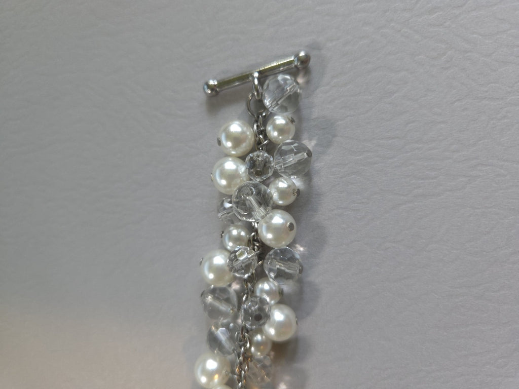 silver-tone beaded bracelet - white Faux  pearls and clear crystal beads