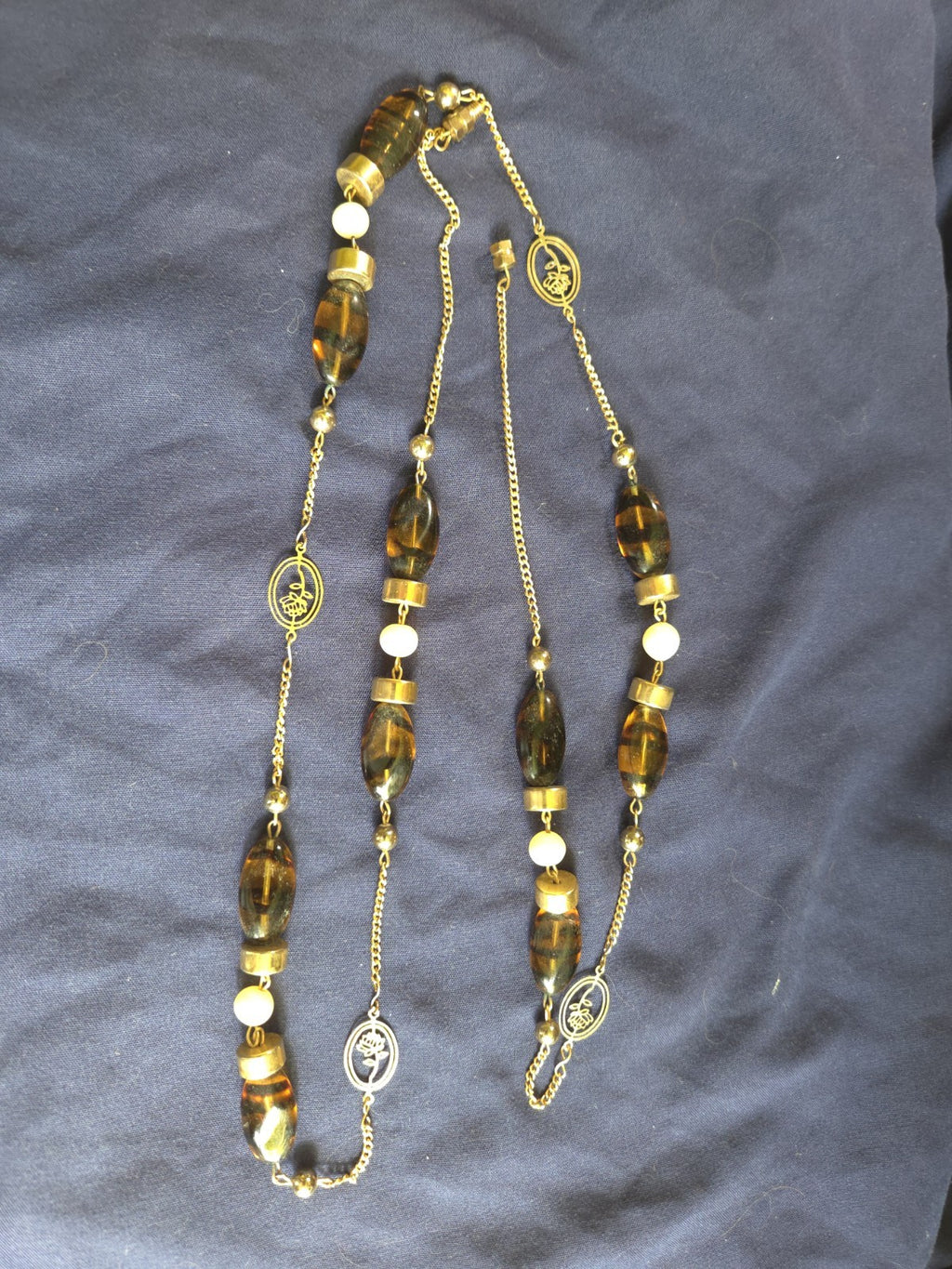 Vintage Estate Jewelry - 1970s Long Station Necklace - Beads And Flower Pendants