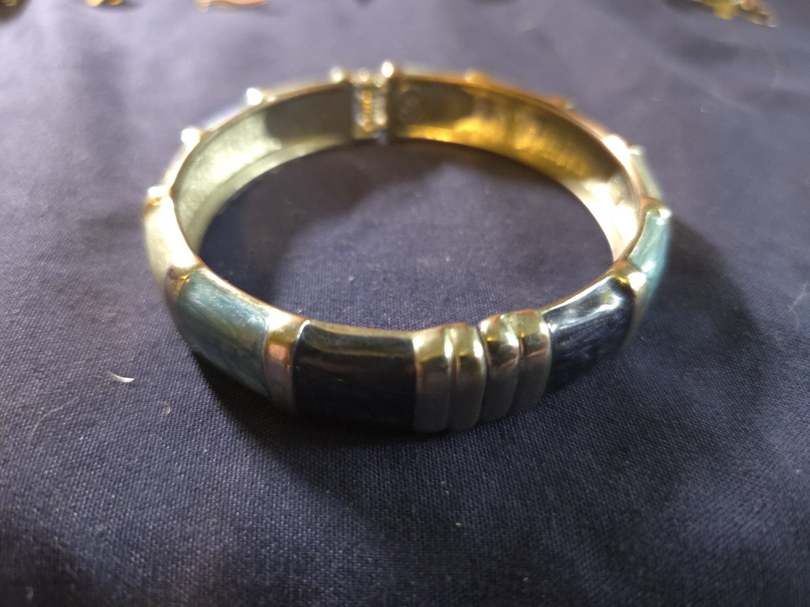 Silver Toned Hinge Bracelet With Blue And Grey Enamel Stones