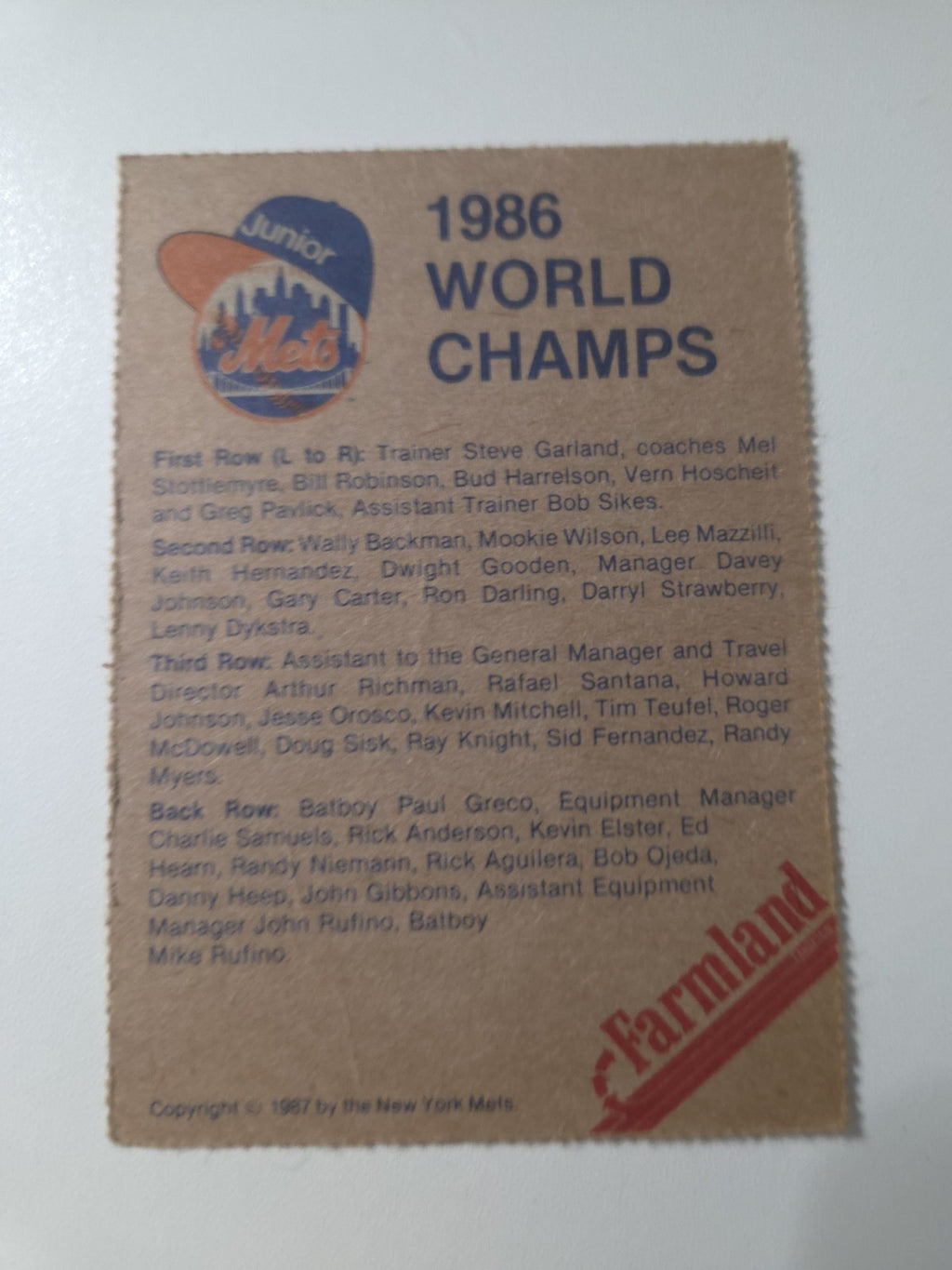 MLB - 1986 World Champs Mets Promo Card
