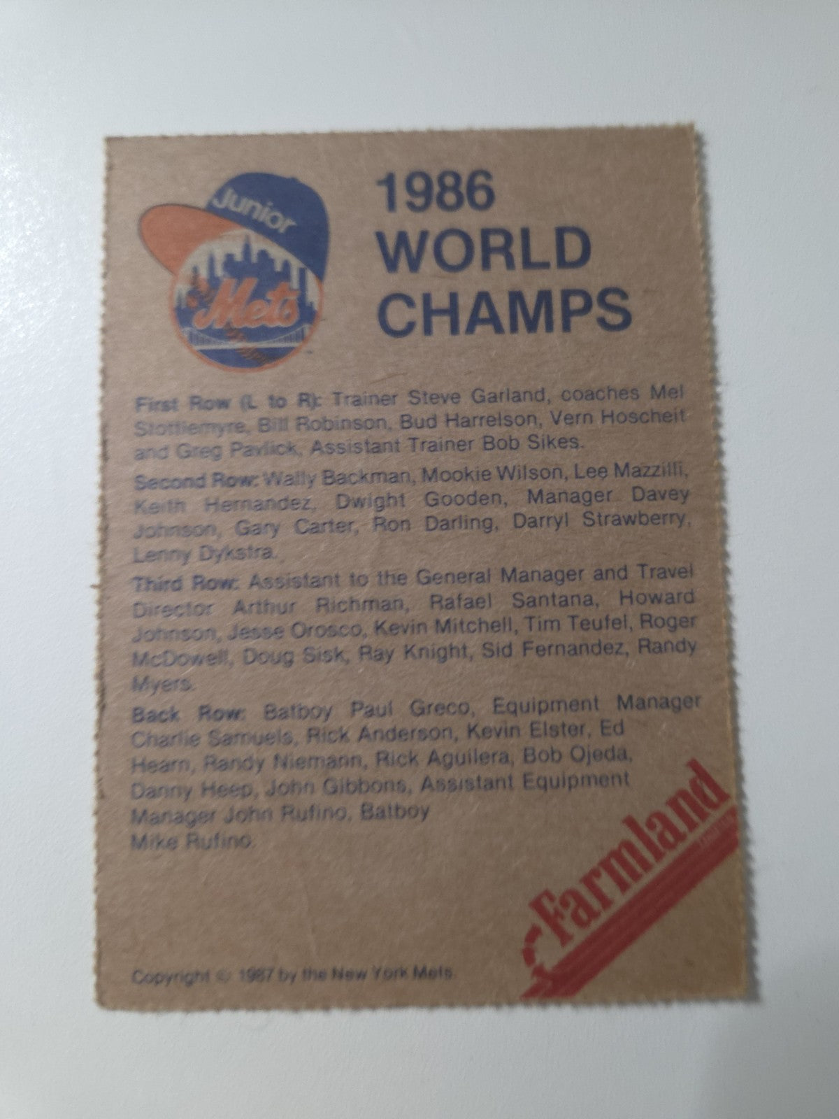 MLB - 1986 World Champs Mets Promo Card
