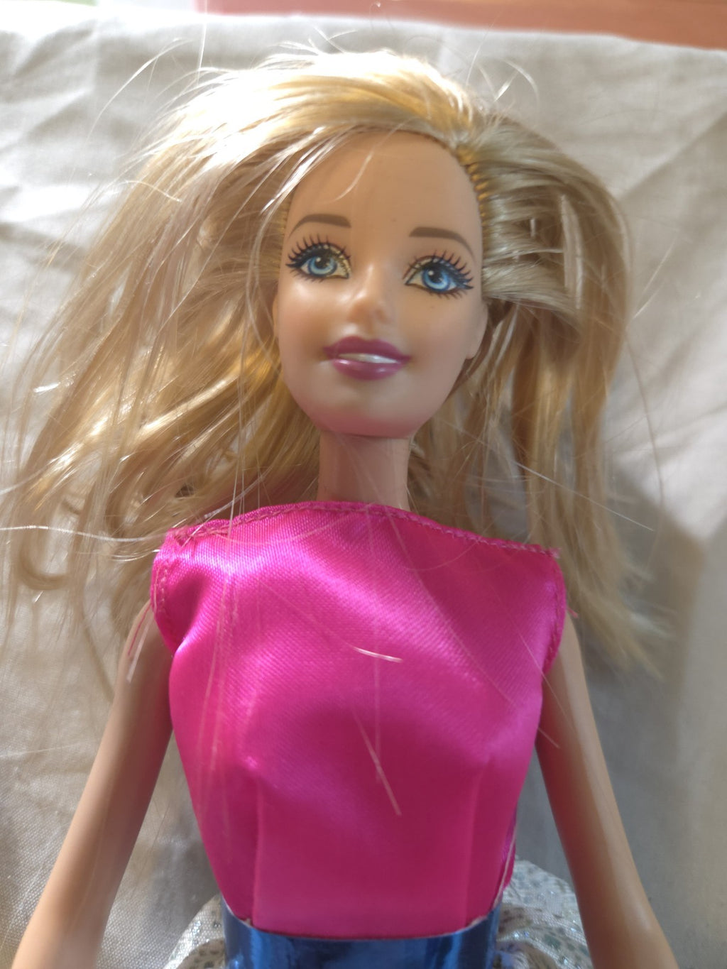 1998 Barbie Doll With Pink Top Blue Belt And Silver And White Skirt
