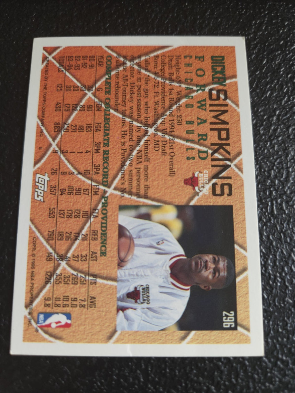 NBA - Dickey Simpkins - 1994-95 Topps -  #296 - RC - Chicago Bulls - NM
