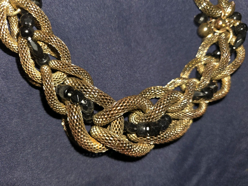 Coldwater Creek Chunky Braided Mesh Chain Antiqued Gold Black Beads Necklace NWT