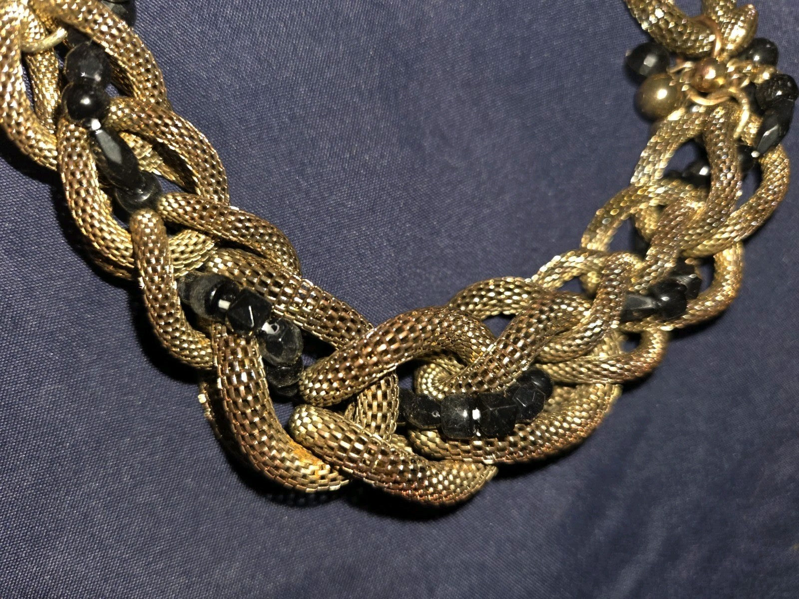 Coldwater Creek Chunky Braided Mesh Chain Antiqued Gold Black Beads Necklace NWT
