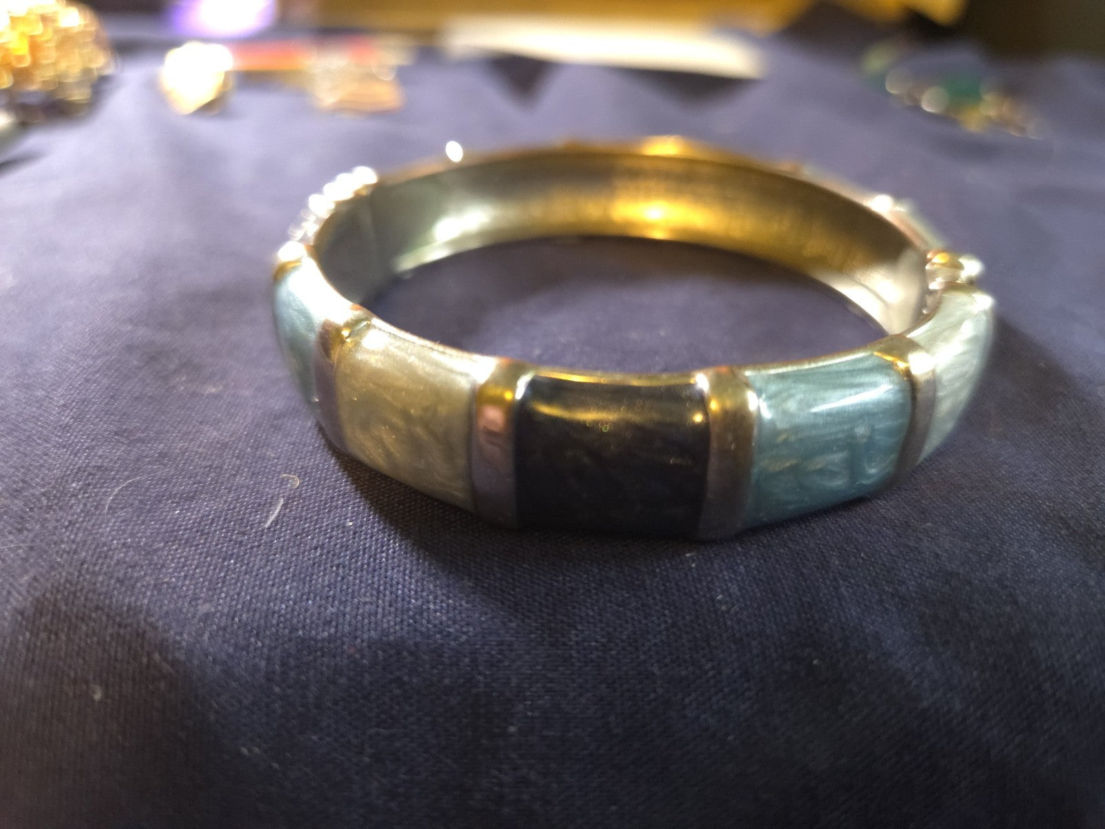 Silver Toned Hinge Bracelet With Blue And Grey Enamel Stones