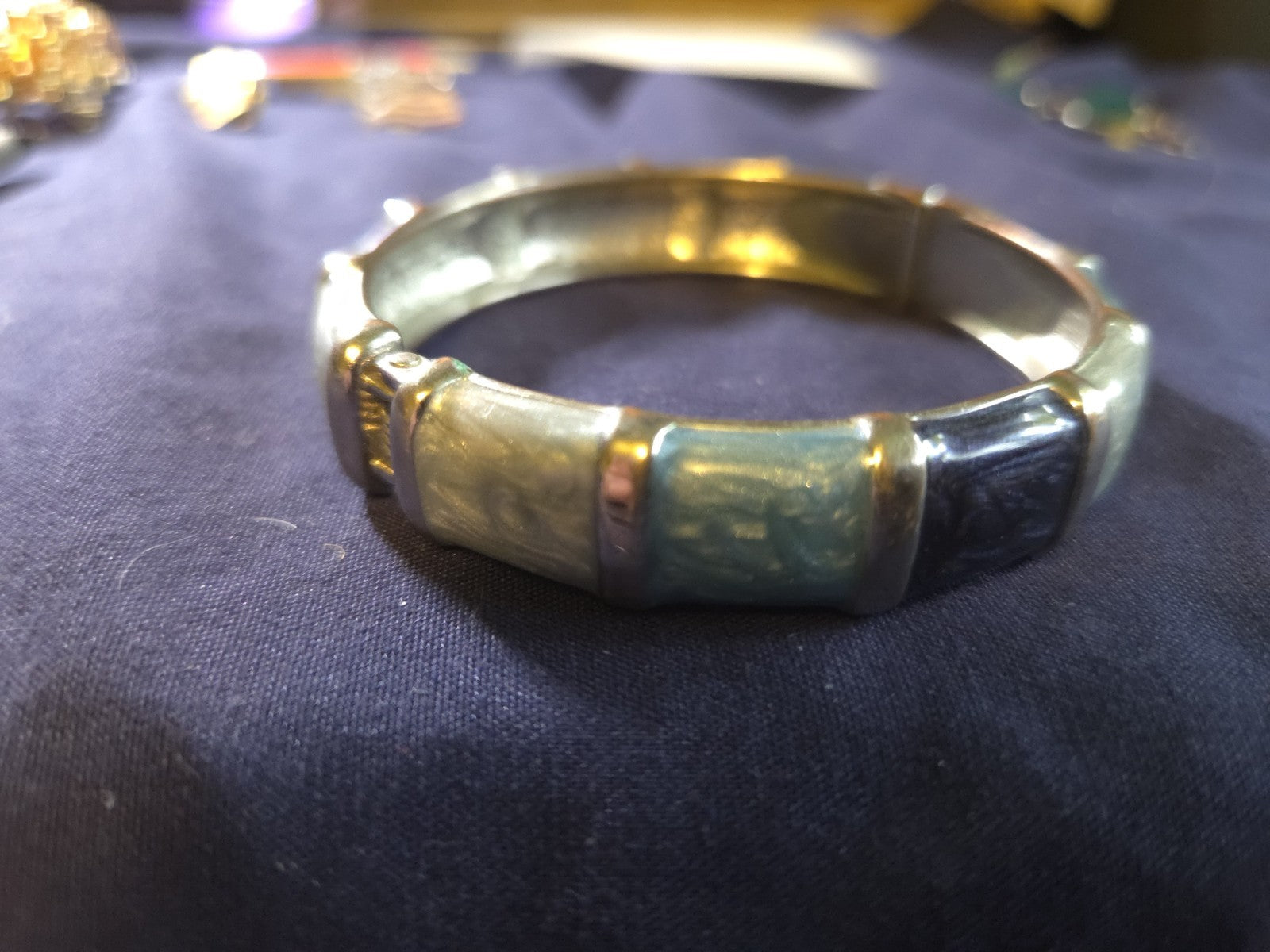 Silver Toned Hinge Bracelet With Blue And Grey Enamel Stones