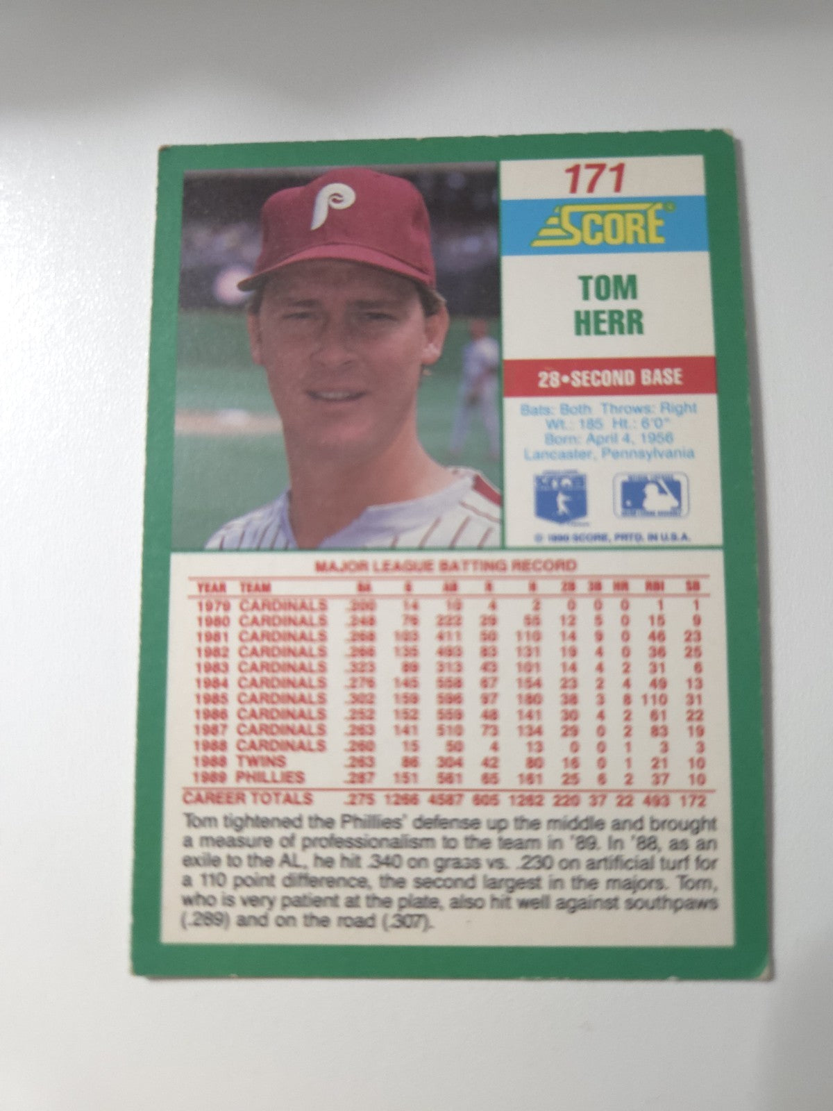 MLB - 1990 Score - Tom Herr - #171 - PHILADELPHIA PHILLIES - VG/EXC