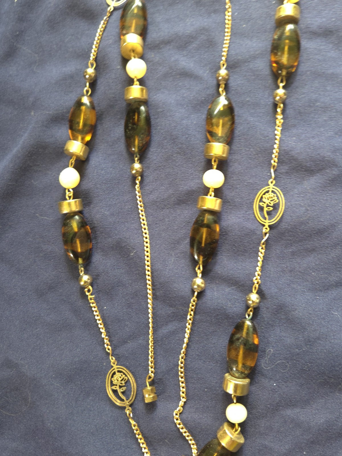 Vintage Estate Jewelry - 1970s Long Station Necklace - Beads And Flower Pendants