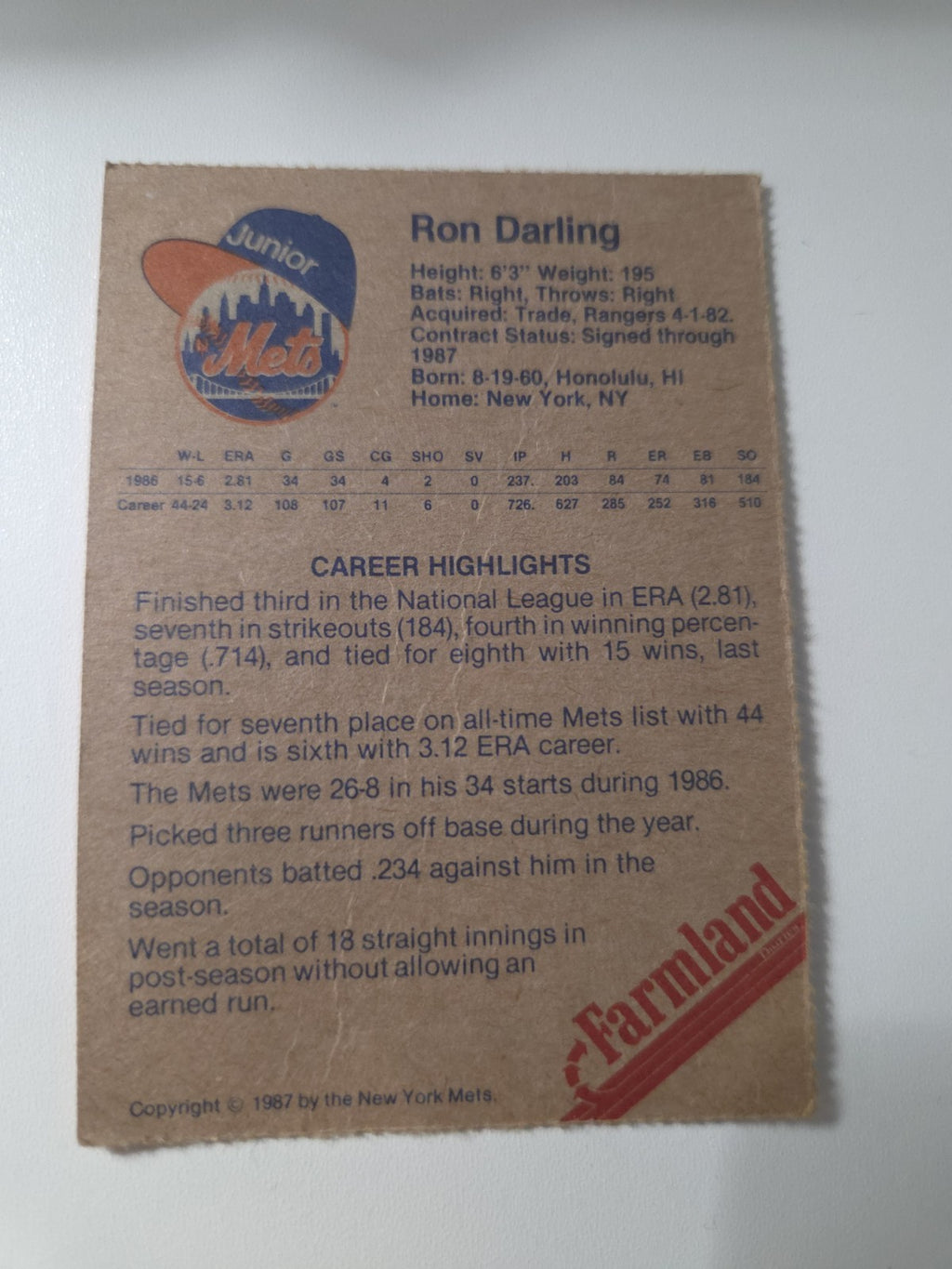 MLB - Ron Darling - Game Day Promo Card - 1987 Season - New York Mets - EXC
