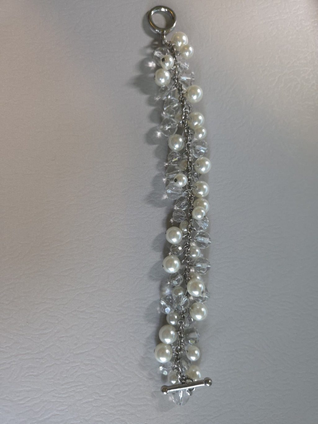 silver-tone beaded bracelet - white Faux  pearls and clear crystal beads