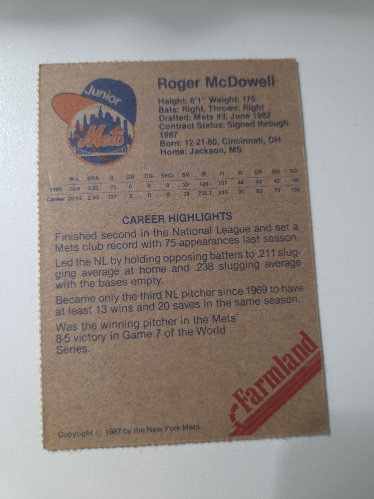 MLB - Roger McDowell - Game Day Promo Card - 1987 Season - New York Mets - EXC
