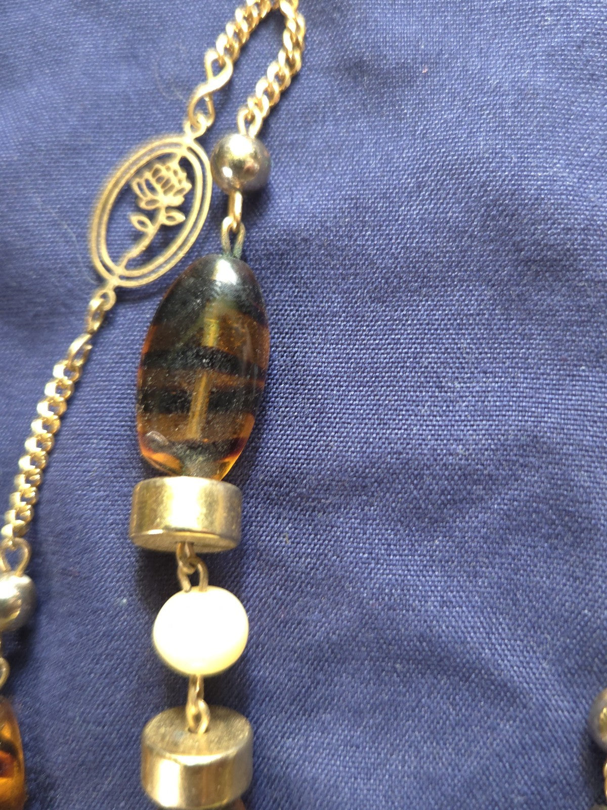 Vintage Estate Jewelry - 1970s Long Station Necklace - Beads And Flower Pendants