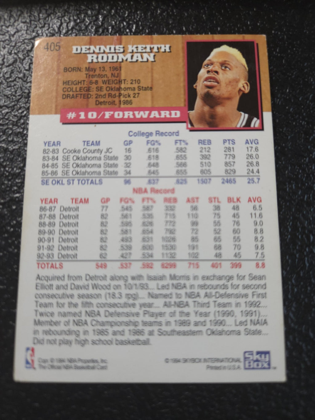 NBA - Dennis Rodman - 1993-94 NBA Hoops -  #405 - San Antonio Spurs - EX