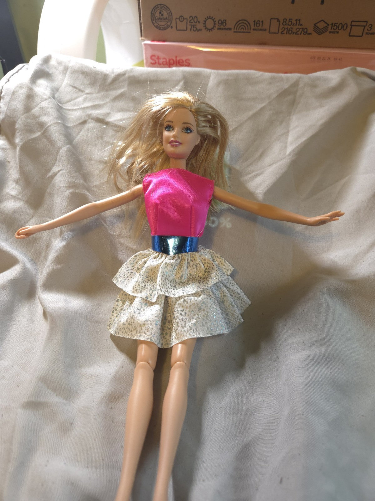 1998 Barbie Doll With Pink Top Blue Belt And Silver And White Skirt