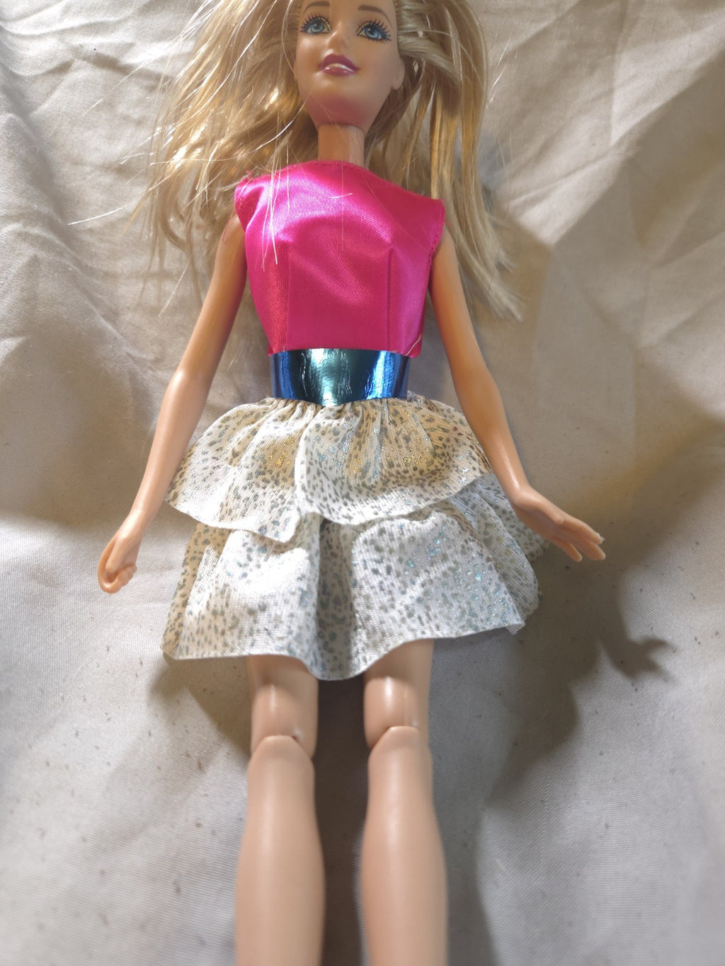 1998 Barbie Doll With Pink Top Blue Belt And Silver And White Skirt