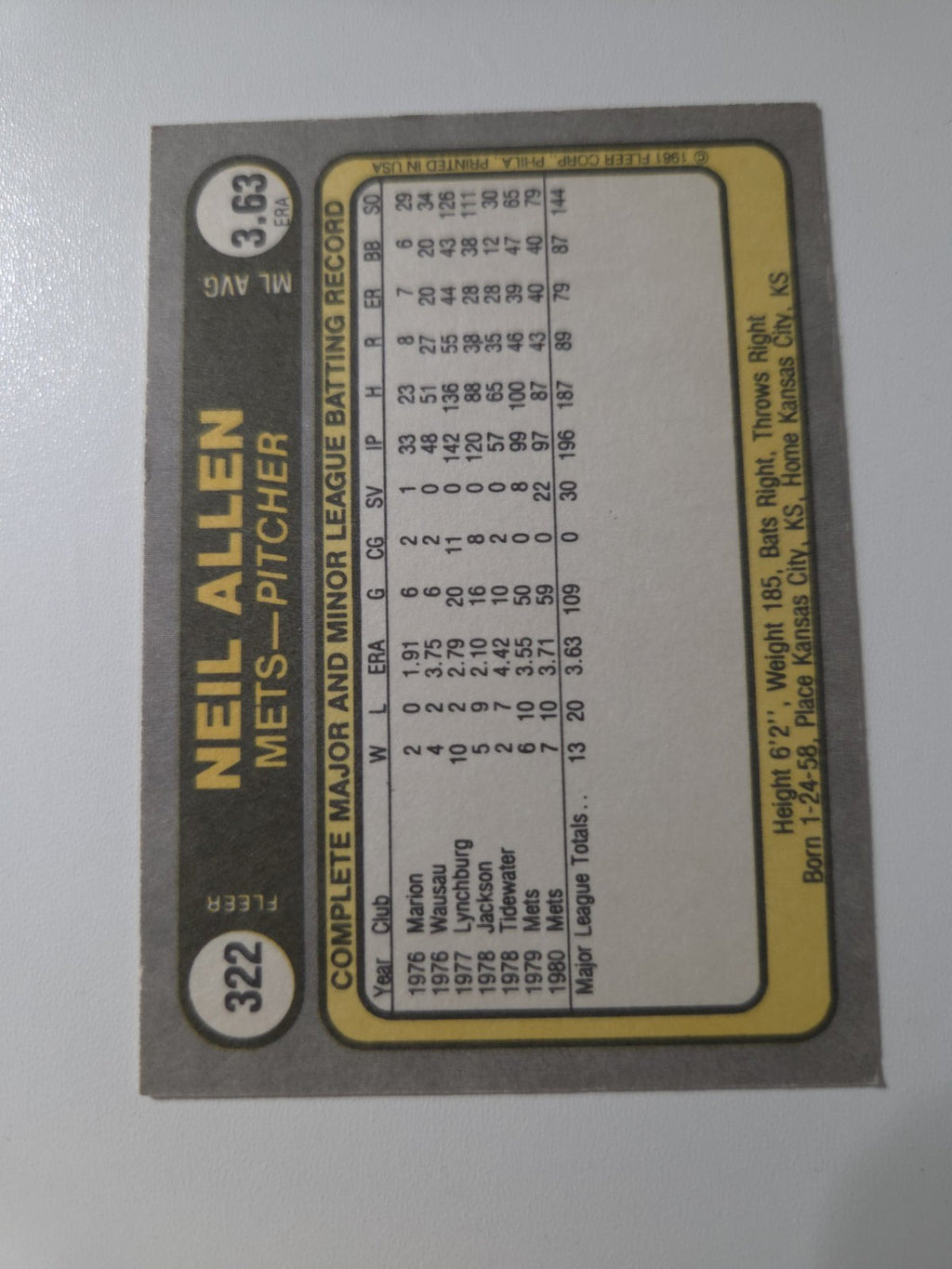 MLB - 1981 Fleer - Neil Allen - #322 - New York Mets - NM