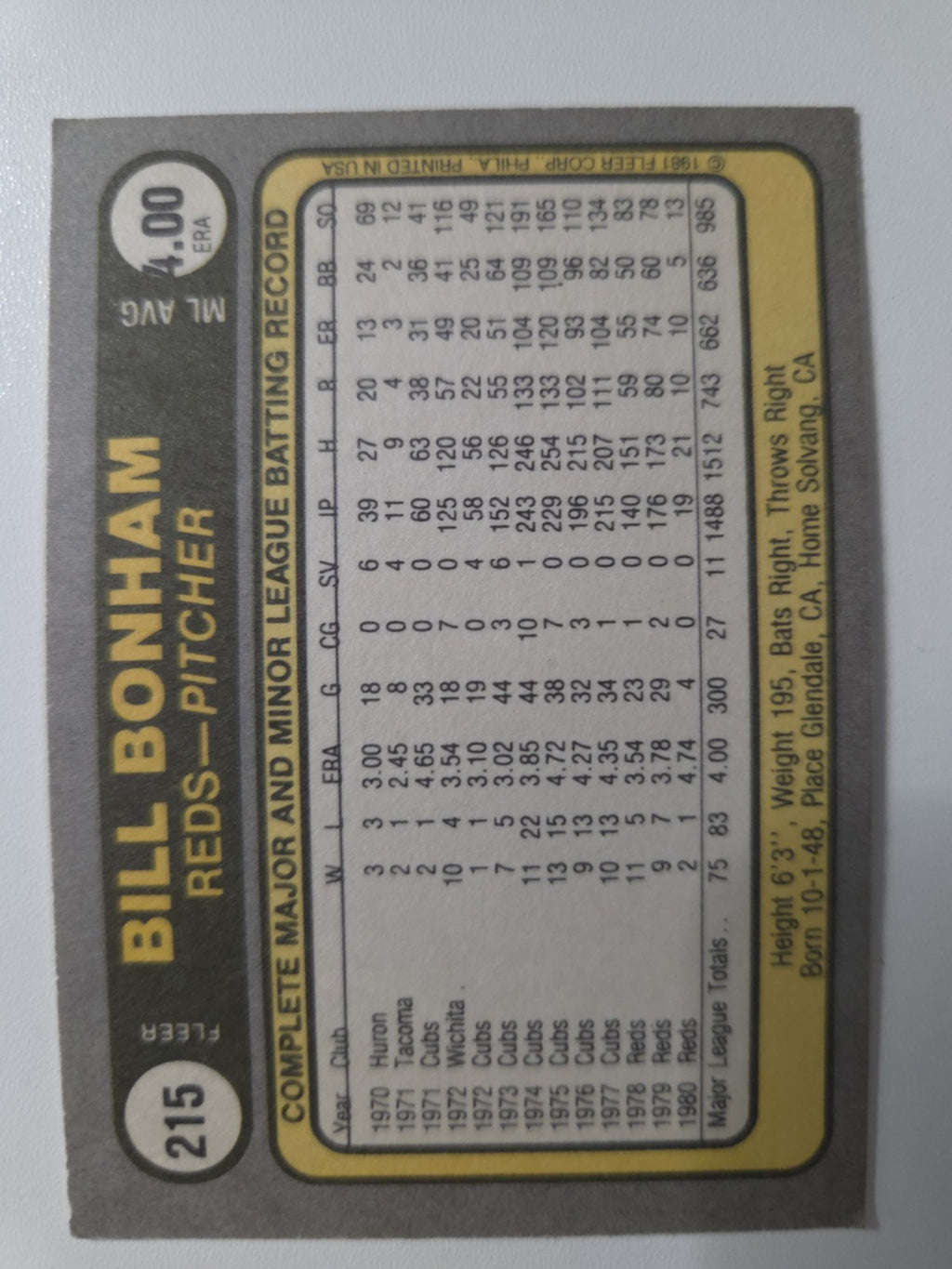 MLB - 1981 Fleer - Bill Bonham - #215 - No Finger on Back - Cincinnati Reds - NM