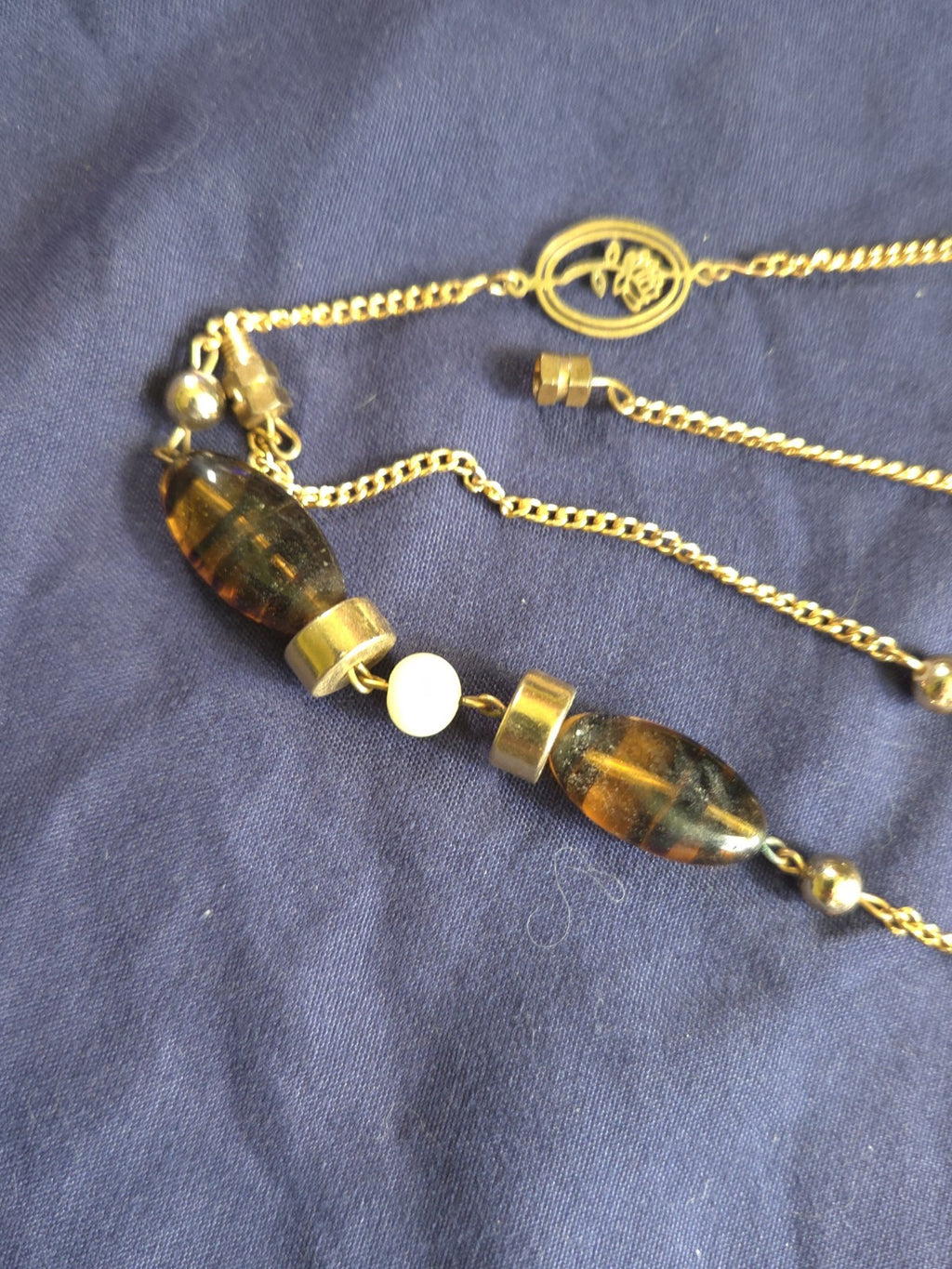 Vintage Estate Jewelry - 1970s Long Station Necklace - Beads And Flower Pendants