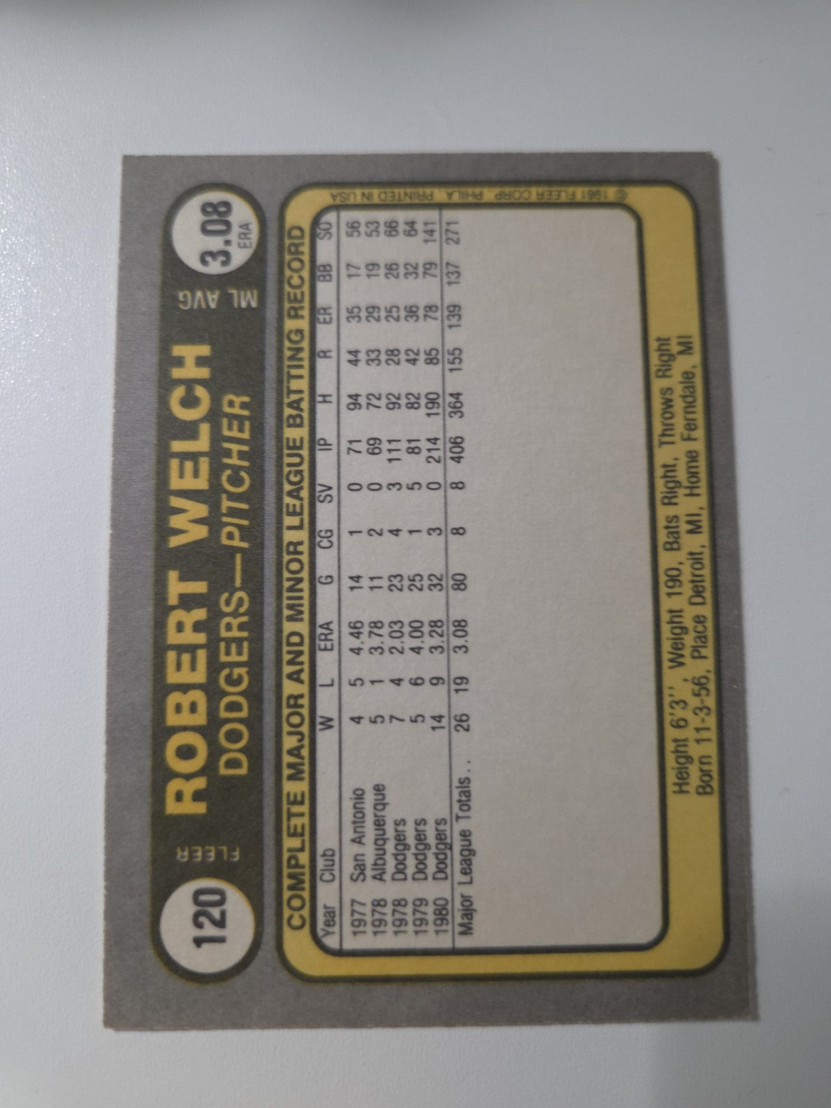 MLB - 1981 Fleer - Bob Welch - #120 "Robert" on Back - LOS ANGELES DODGERS - NM