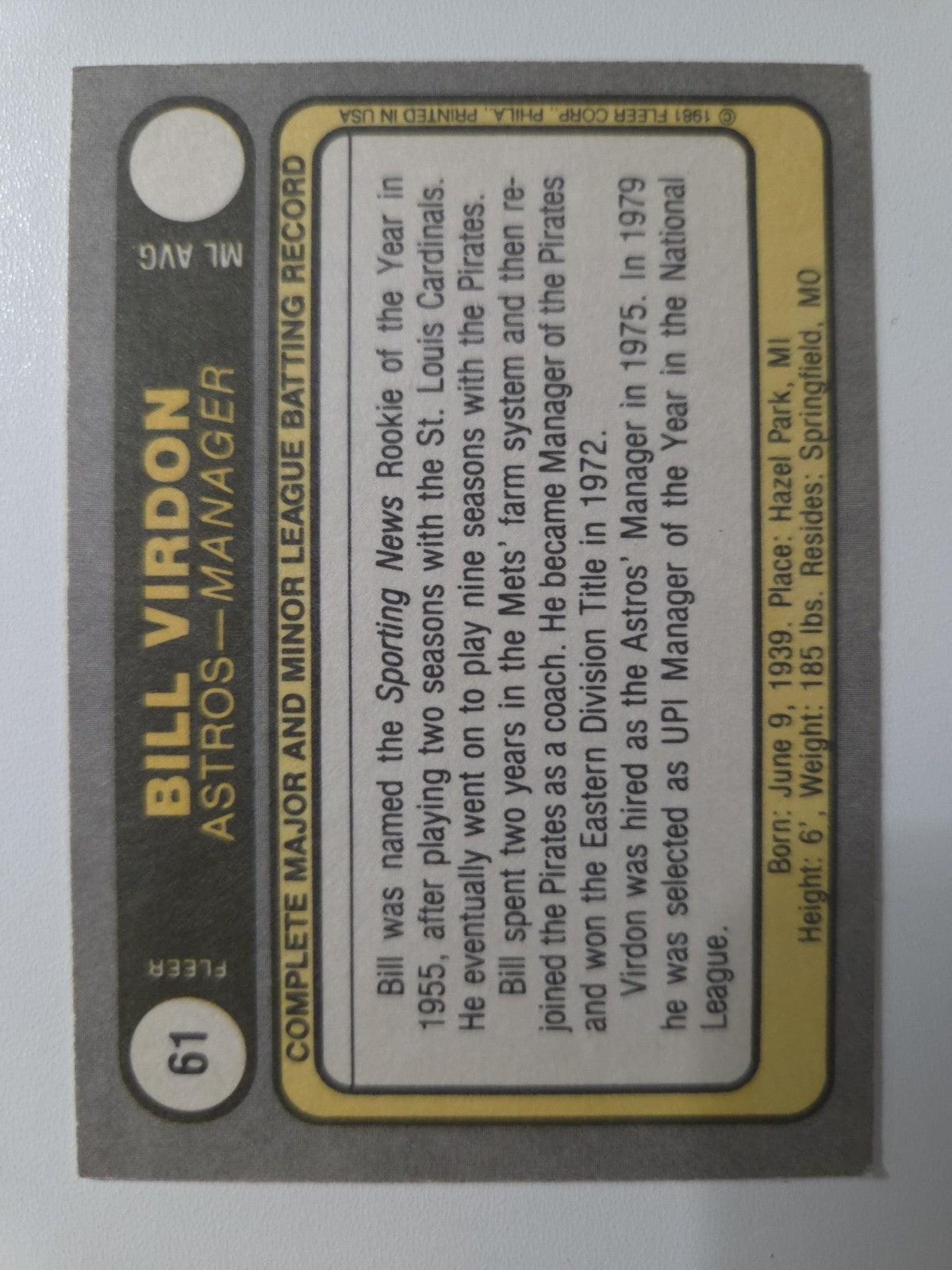 MLB - 1981 Fleer - Bill Virdon - #61 - Houston Astros - NM