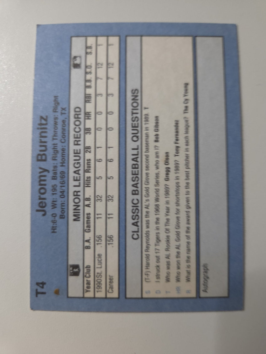 1991 Classic Update Blue Travel Edition - Jeromy Burnitz #T4 (RC)