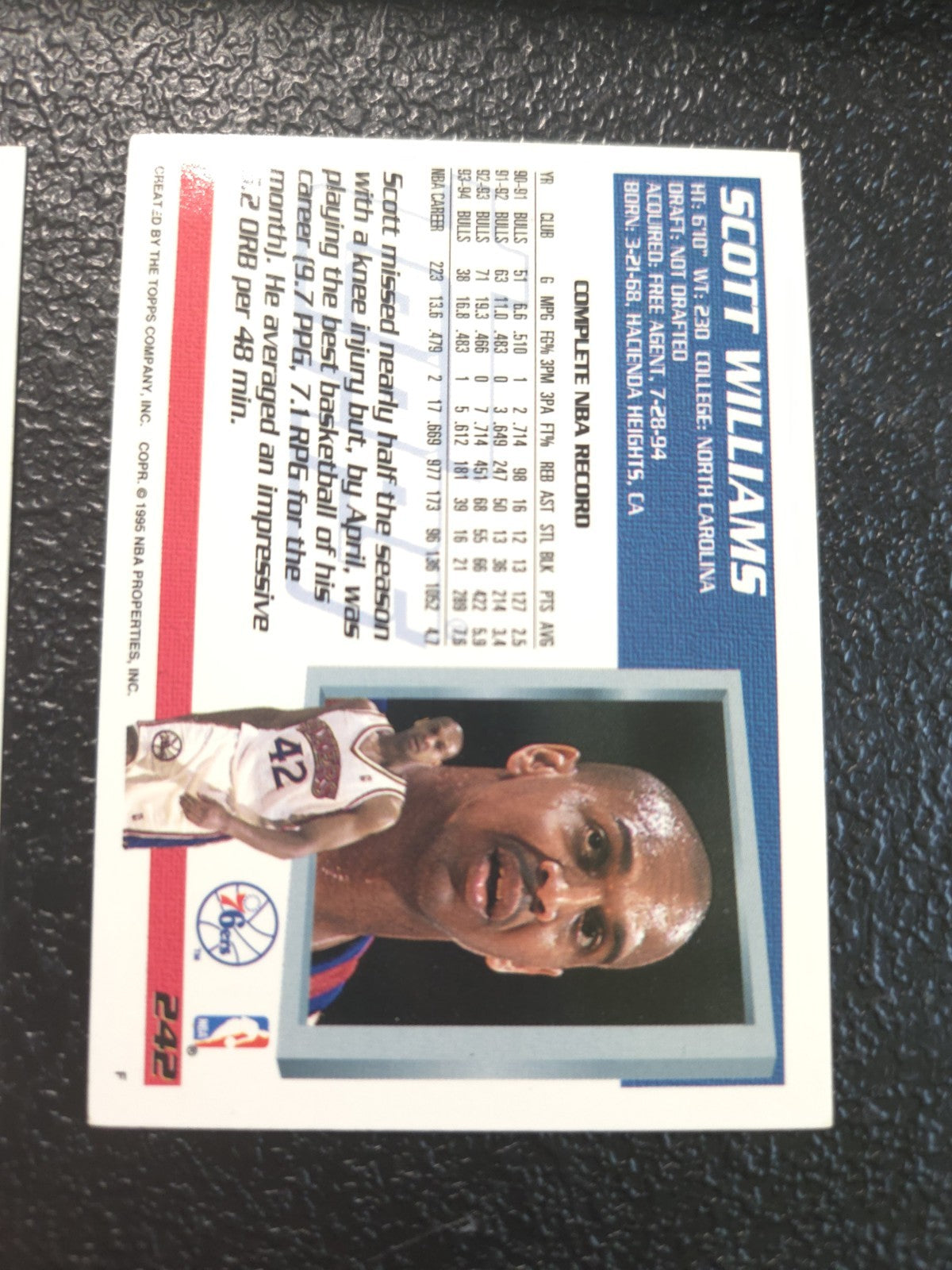 NBA - Scott Williams - 1994-95 Topps - #242 - Philadelphia 76ers - NM