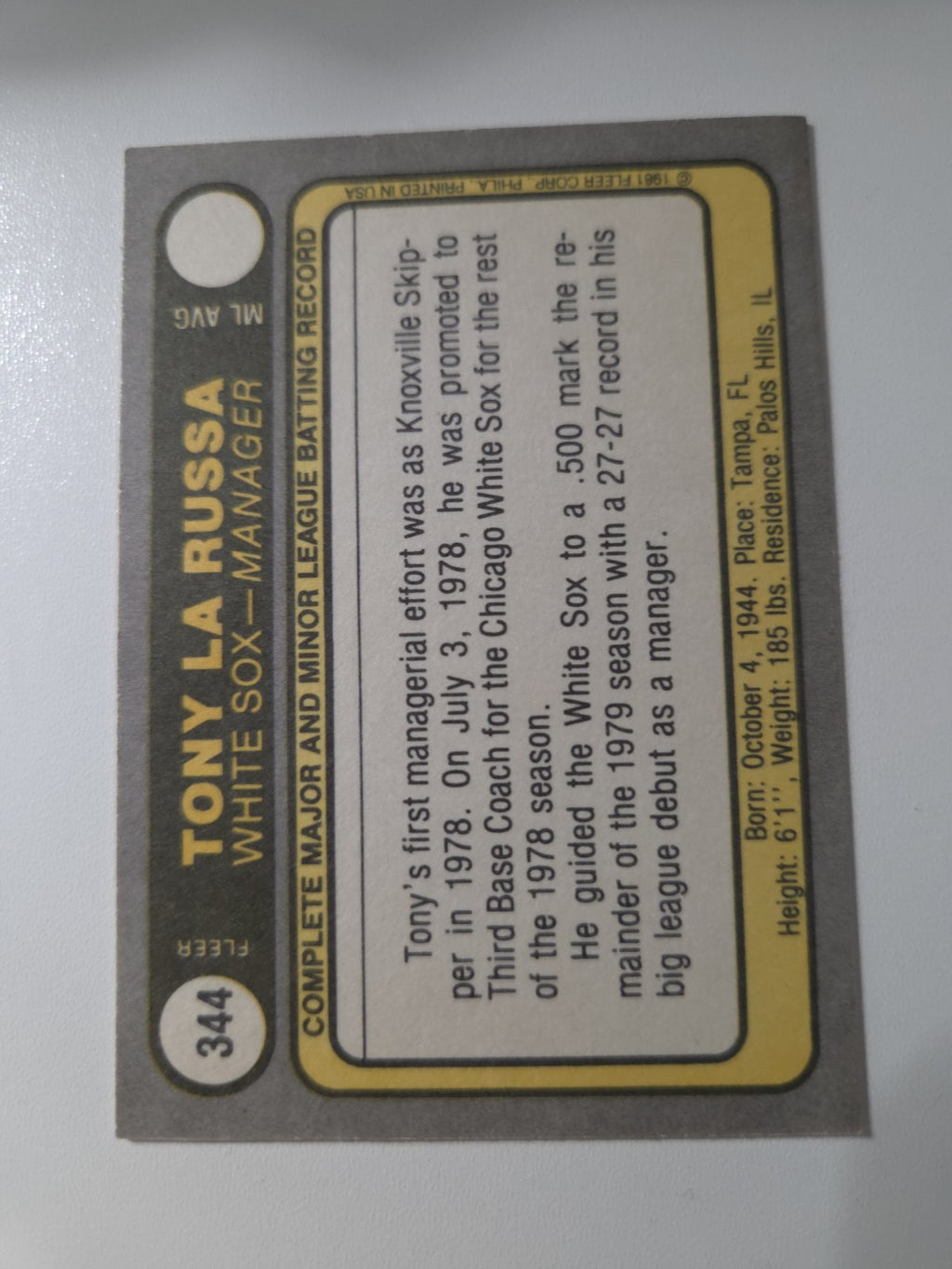 MLB - 1981 Fleer - Tony LaRussa - 344 - CHICAGO WHITE SOX - NM