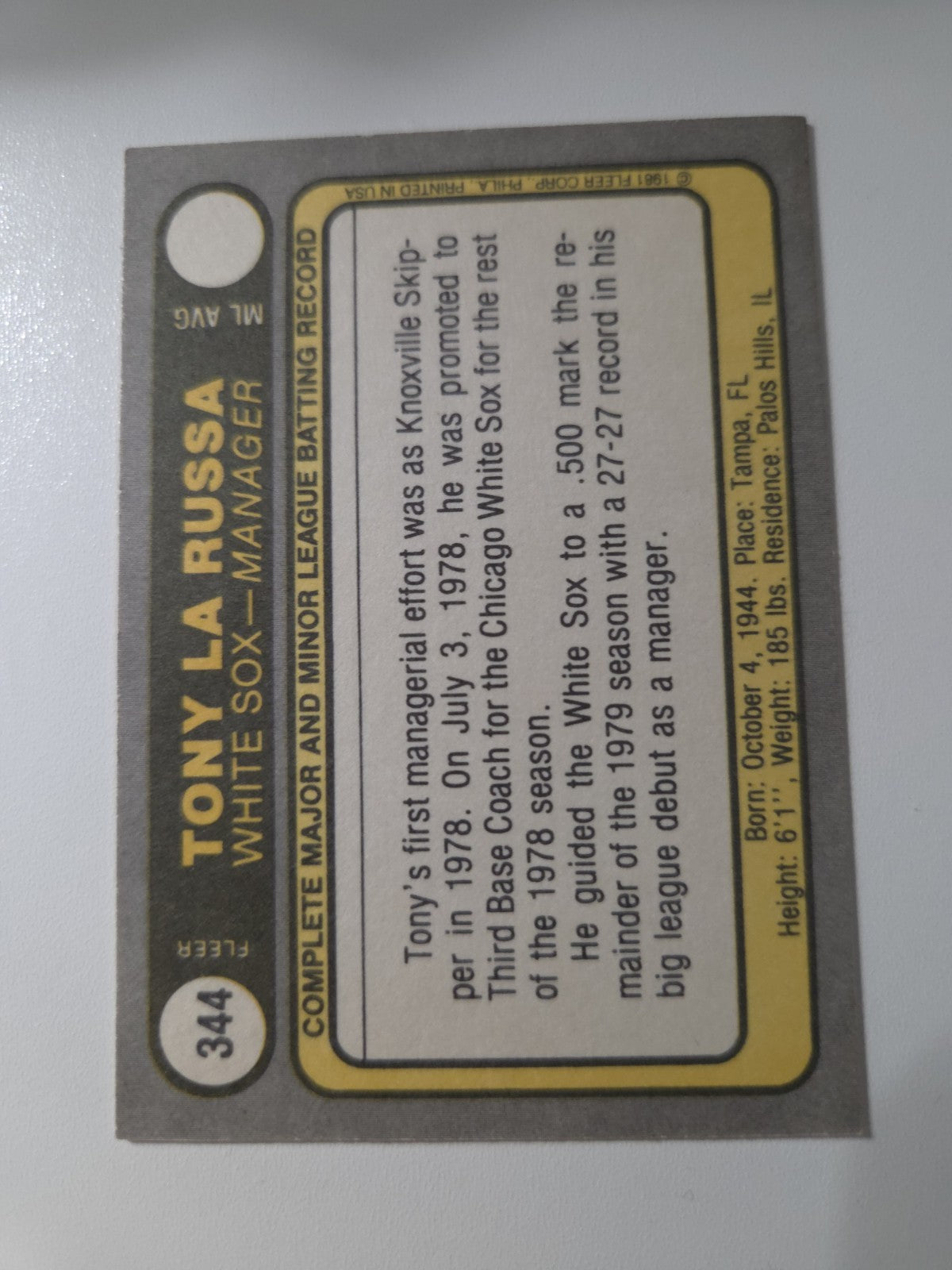 MLB - 1981 Fleer - Tony LaRussa - 344 - CHICAGO WHITE SOX - NM