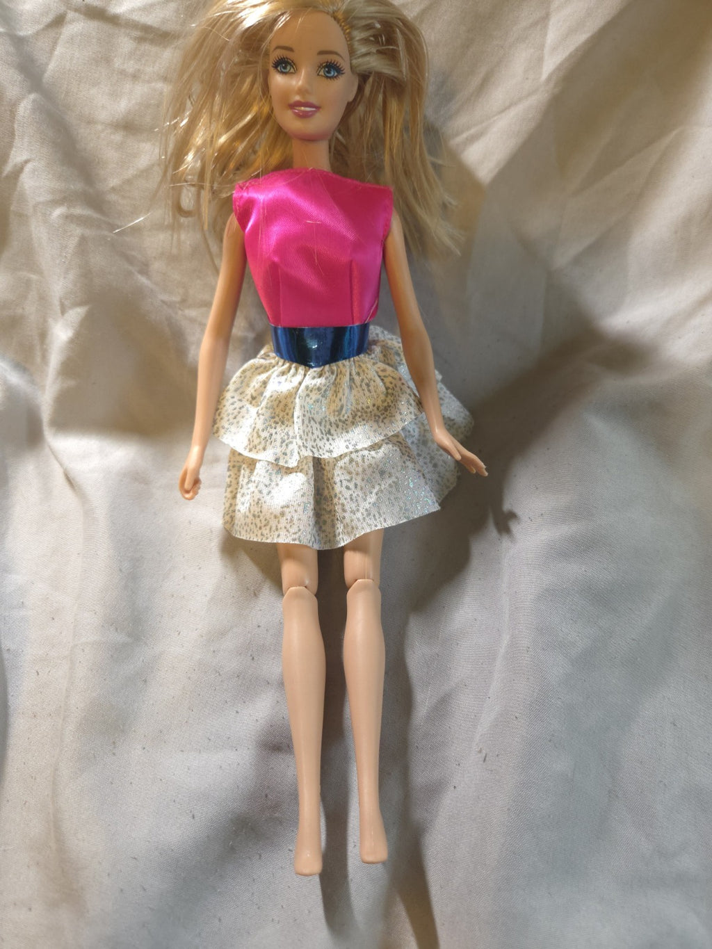 1998 Barbie Doll With Pink Top Blue Belt And Silver And White Skirt